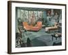 Retro Living Room with Bird Cage-null-Framed Art Print