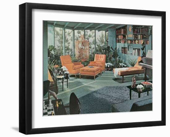 Retro Living Room with Bird Cage-null-Framed Art Print