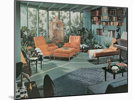 Retro Living Room with Bird Cage-null-Mounted Art Print