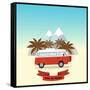 Retro Minivan with Palm Trees and Mountains on the Background. Vintage Style Hippie Bus. Vector Fla-yurgo-Framed Stretched Canvas