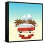 Retro Minivan with Palm Trees and Mountains on the Background. Vintage Style Hippie Bus. Vector Fla-yurgo-Framed Stretched Canvas