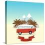 Retro Minivan with Palm Trees and Mountains on the Background. Vintage Style Hippie Bus. Vector Fla-yurgo-Stretched Canvas