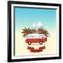 Retro Minivan with Palm Trees and Mountains on the Background. Vintage Style Hippie Bus. Vector Fla-yurgo-Framed Art Print