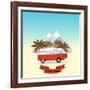 Retro Minivan with Palm Trees and Mountains on the Background. Vintage Style Hippie Bus. Vector Fla-yurgo-Framed Art Print