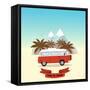 Retro Minivan with Palm Trees and Mountains on the Background. Vintage Style Hippie Bus. Vector Fla-yurgo-Framed Stretched Canvas