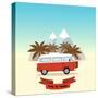 Retro Minivan with Palm Trees and Mountains on the Background. Vintage Style Hippie Bus. Vector Fla-yurgo-Stretched Canvas