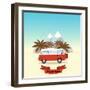 Retro Minivan with Palm Trees and Mountains on the Background. Vintage Style Hippie Bus. Vector Fla-yurgo-Framed Art Print