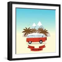 Retro Minivan with Palm Trees and Mountains on the Background. Vintage Style Hippie Bus. Vector Fla-yurgo-Framed Art Print