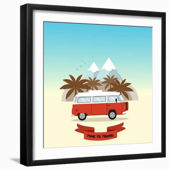 Retro Minivan with Palm Trees and Mountains on the Background. Vintage Style Hippie Bus. Vector Fla-yurgo-Framed Art Print