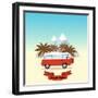 Retro Minivan with Palm Trees and Mountains on the Background. Vintage Style Hippie Bus. Vector Fla-yurgo-Framed Art Print