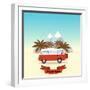 Retro Minivan with Palm Trees and Mountains on the Background. Vintage Style Hippie Bus. Vector Fla-yurgo-Framed Art Print