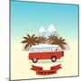 Retro Minivan with Palm Trees and Mountains on the Background. Vintage Style Hippie Bus. Vector Fla-yurgo-Mounted Art Print