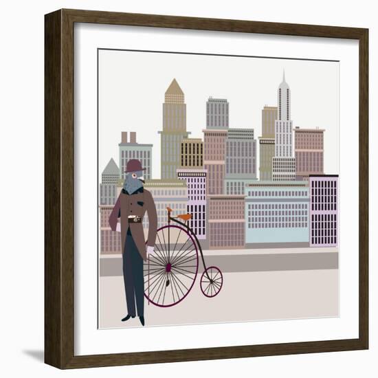 Retro New York Illustration - Vintage Bird On A Bike-run4it-Framed Art Print