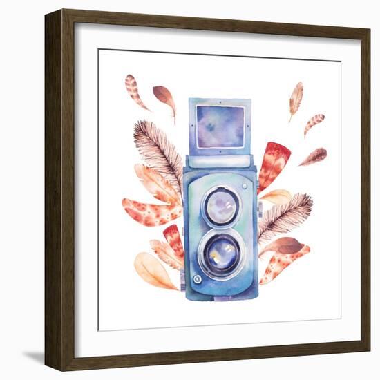 Retro Photo Camera with Feathers-Eisfrei-Framed Art Print