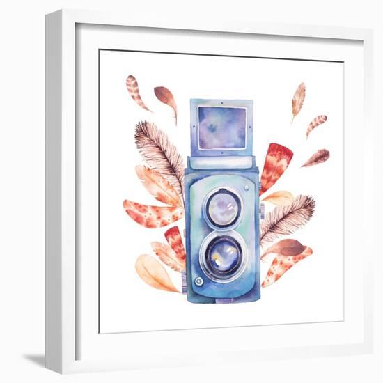 Retro Photo Camera with Feathers-Eisfrei-Framed Art Print