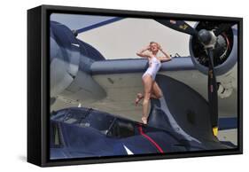 Retro Pin-Up Girl Posing with a World War II Era Pby Catalina Seaplane-null-Framed Stretched Canvas
