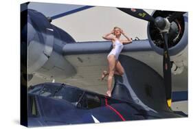 Retro Pin-Up Girl Posing with a World War II Era Pby Catalina Seaplane-null-Stretched Canvas