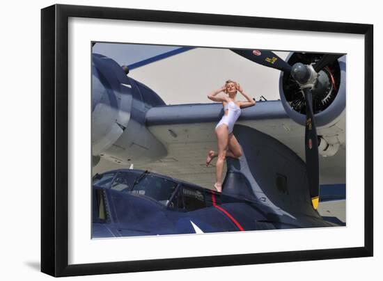 Retro Pin-Up Girl Posing with a World War II Era Pby Catalina Seaplane-null-Framed Photographic Print