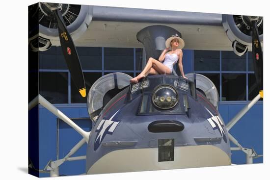 Retro Pin-Up Girl Posing with a World War II Era Pby Catalina Seaplane-null-Stretched Canvas