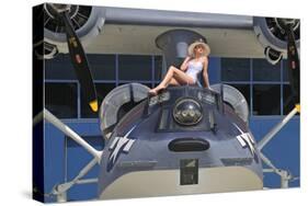 Retro Pin-Up Girl Posing with a World War II Era Pby Catalina Seaplane-null-Stretched Canvas