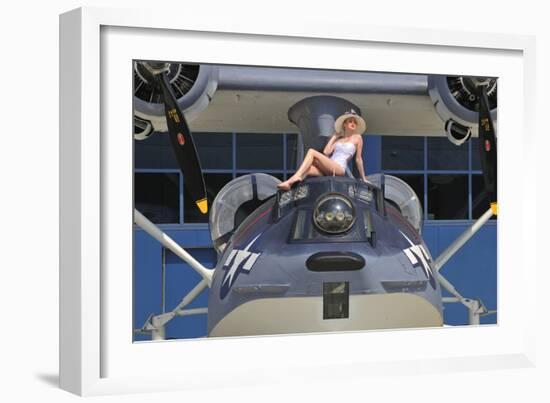 Retro Pin-Up Girl Posing with a World War II Era Pby Catalina Seaplane-null-Framed Photographic Print