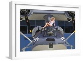 Retro Pin-Up Girl Posing with a World War II Era Pby Catalina Seaplane-null-Framed Photographic Print