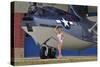 Retro Pin-Up Girl Posing with a World War II Era Pby Catalina Seaplane-null-Stretched Canvas