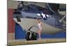 Retro Pin-Up Girl Posing with a World War II Era Pby Catalina Seaplane-null-Mounted Premium Photographic Print