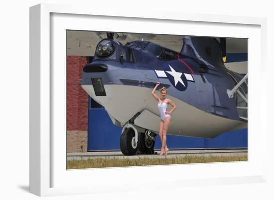 Retro Pin-Up Girl Posing with a World War II Era Pby Catalina Seaplane-null-Framed Photographic Print
