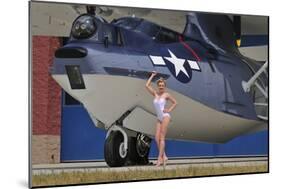 Retro Pin-Up Girl Posing with a World War II Era Pby Catalina Seaplane-null-Mounted Photographic Print