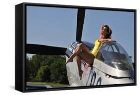 Retro Pin-Up Girl Sitting Outside the Cockpit of a P-51 Mustang-null-Framed Stretched Canvas