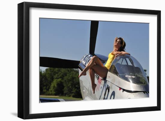 Retro Pin-Up Girl Sitting Outside the Cockpit of a P-51 Mustang-null-Framed Premium Photographic Print