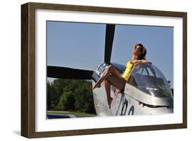 Retro Pin-Up Girl Sitting Outside the Cockpit of a P-51 Mustang-null-Framed Photographic Print