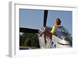 Retro Pin-Up Girl Sitting Outside the Cockpit of a P-51 Mustang-null-Framed Photographic Print