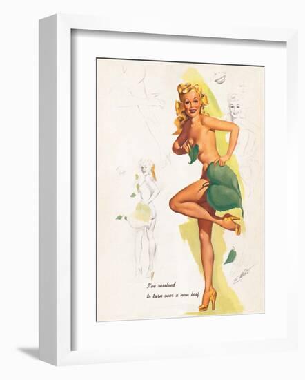 Retro Pin Up, Nude with Green Leaf-Freeman Elliott-Framed Art Print