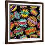 Retro Pop Art Style Pattern with Vintage Comic Book Quotes and Explosions-Cienpies Design-Framed Art Print