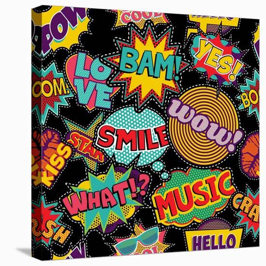 Retro Pop Art Style Pattern with Vintage Comic Book Quotes and Explosions-Cienpies Design-Stretched Canvas