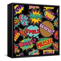 Retro Pop Art Style Pattern with Vintage Comic Book Quotes and Explosions-Cienpies Design-Framed Stretched Canvas