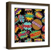 Retro Pop Art Style Pattern with Vintage Comic Book Quotes and Explosions-Cienpies Design-Framed Art Print