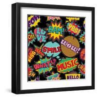 Retro Pop Art Style Pattern with Vintage Comic Book Quotes and Explosions-Cienpies Design-Framed Art Print