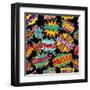 Retro Pop Art Style Pattern with Vintage Comic Book Quotes and Explosions-Cienpies Design-Framed Art Print