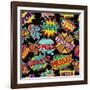 Retro Pop Art Style Pattern with Vintage Comic Book Quotes and Explosions-Cienpies Design-Framed Art Print