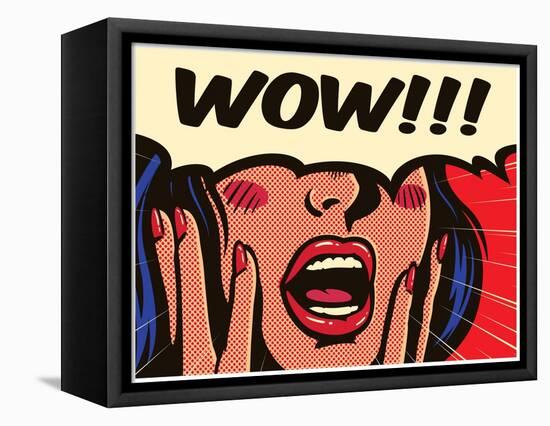 Retro Pop Art Surprised and Excited Comic Book Woman with Speech Bubble Saying Wow Vector Illustrat-drante-Framed Stretched Canvas