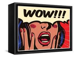Retro Pop Art Surprised and Excited Comic Book Woman with Speech Bubble Saying Wow Vector Illustrat-drante-Framed Stretched Canvas
