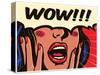 Retro Pop Art Surprised and Excited Comic Book Woman with Speech Bubble Saying Wow Vector Illustrat-drante-Stretched Canvas