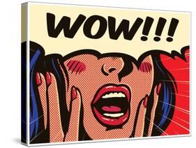 Retro Pop Art Surprised and Excited Comic Book Woman with Speech Bubble Saying Wow Vector Illustrat-drante-Stretched Canvas