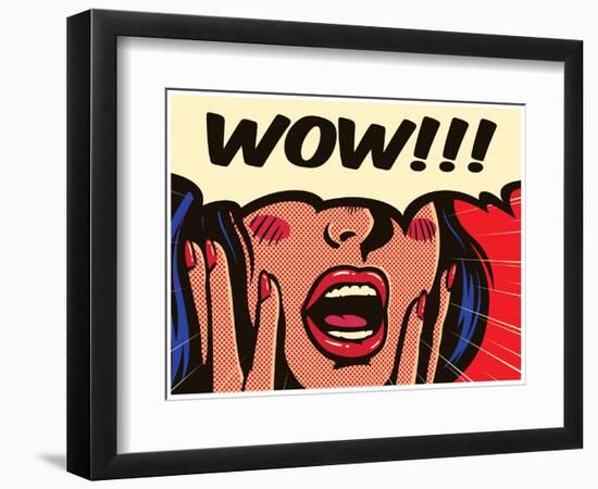 Retro Pop Art Surprised and Excited Comic Book Woman with Speech Bubble Saying Wow Vector Illustrat-drante-Framed Photographic Print