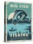 Retro Poster of Fisherman Club with Illustration of Big Fish. Vector Fishing Lake, Fisher Man on Bo-ONYXprj-Stretched Canvas
