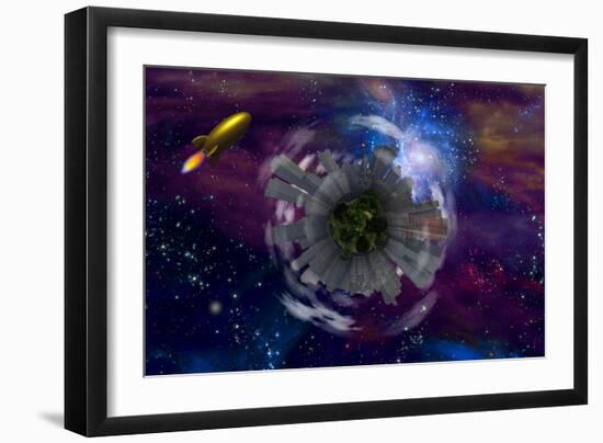 Retro Rocket and City Planet-rolffimages-Framed Art Print