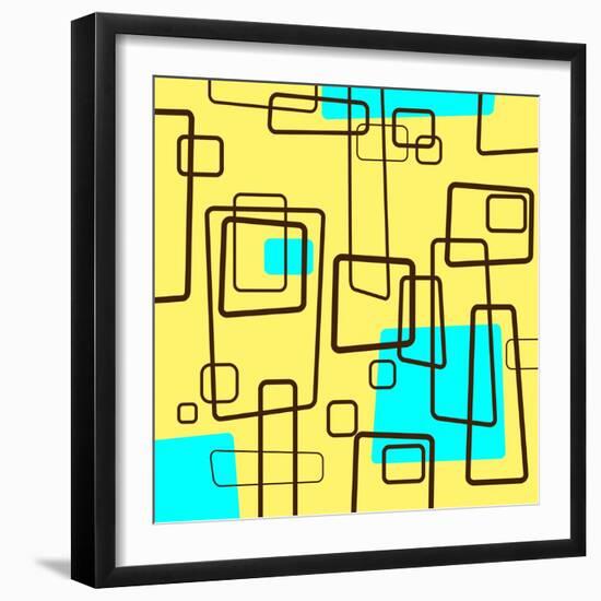 Retro Square Pattern Blue and Yellow-null-Framed Giclee Print